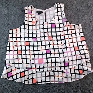 Women's Size Medium Sleeveless Tiered Blouse Geometric Floral Grid Top White